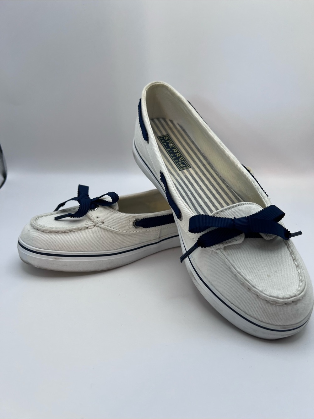 Sperry White Canvas Boat Shoes with Navy Bow Trim - Women's